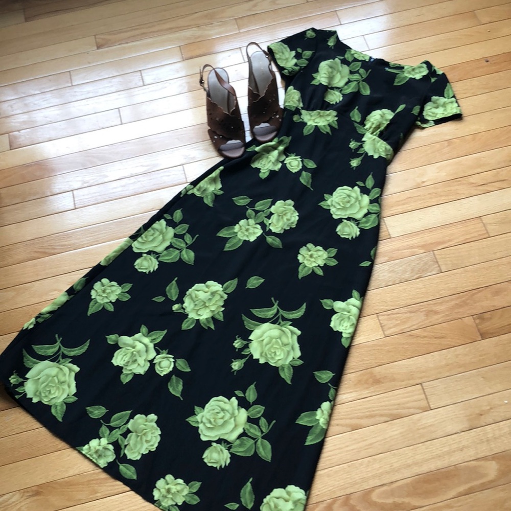 Vintage 90s black and green floral maxi dress - Picture 1 of 8